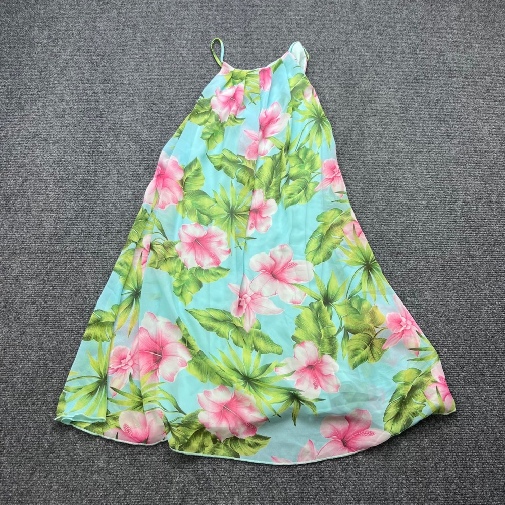 Papaya Tropical Floral Halter Beachy Boho Hibiscus Aqua Blue Sleeveless Top